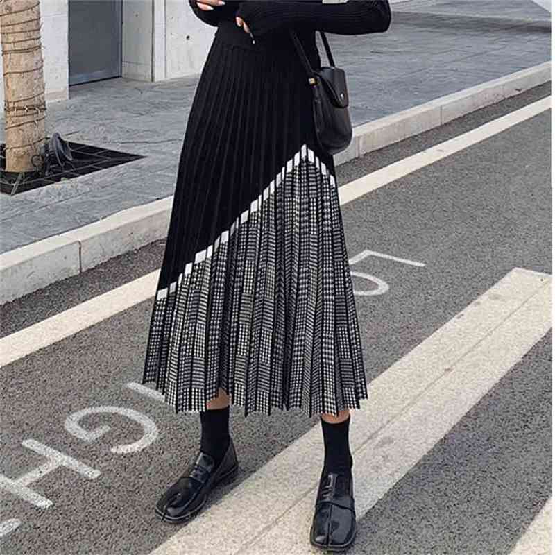 

Winter Women' Fashion Houndstooth Midi Skirt Female High Waist Pleated Knitted Thick Black Warm Skirts 210603, Picture color