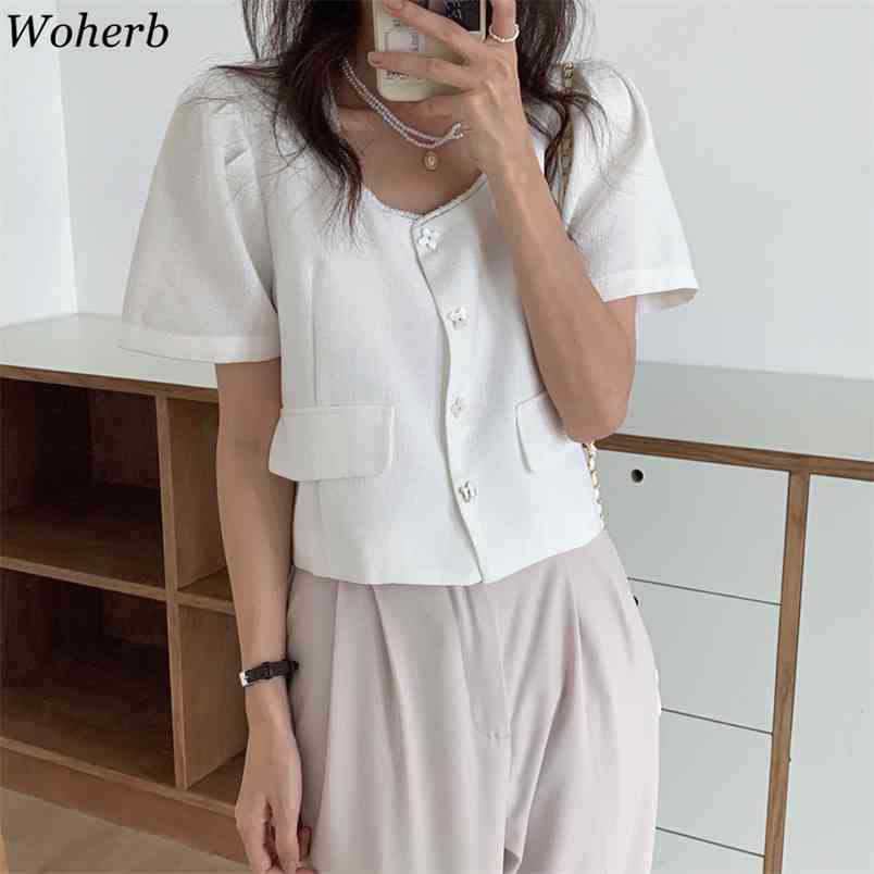 

Summer Short Coat Jacket Women O-neck Single Breasted Tops Korean Vintage Elegant Ladies Cropped All Match 210519, White