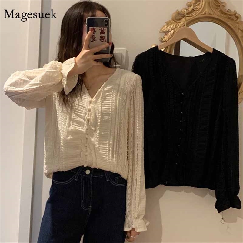 

Autumn Korean Style Elegant blouse women V-neck Pearl Buckle Lace Top for Women Long Sleeve Shirts Blusas Mujer 11381 210518, Black