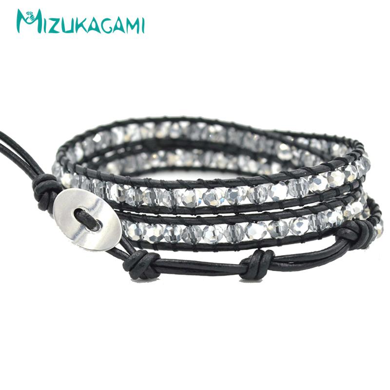 

Beaded, Strands MIZUKAGAMI Fashion White Glass Black Leather Multilayer Long Round Bracelets Women Wedding Banquet Birthday Bracelet
