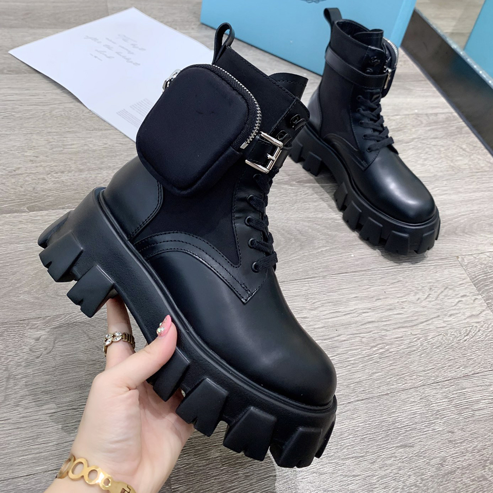 

Women brushed rois leather ankle boots mujeres botas piel Monolith Combat removable nylon pouch, Black nubuck leather