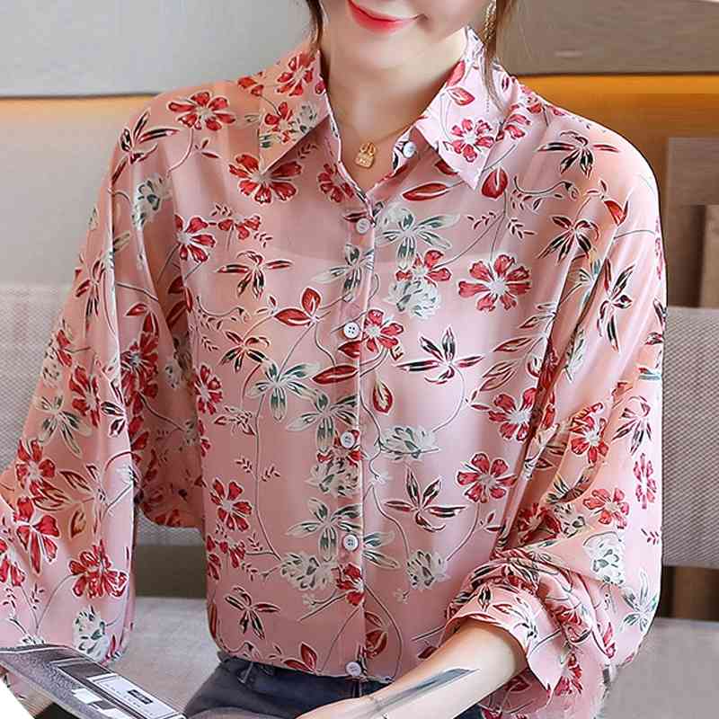 

Blusas Mujer De Moda Tunr Down Collar Print Chiffon Blouse Shirt Women Tops Long Sleeve Women Blouses Shirts Blusa D505 210602, Pink