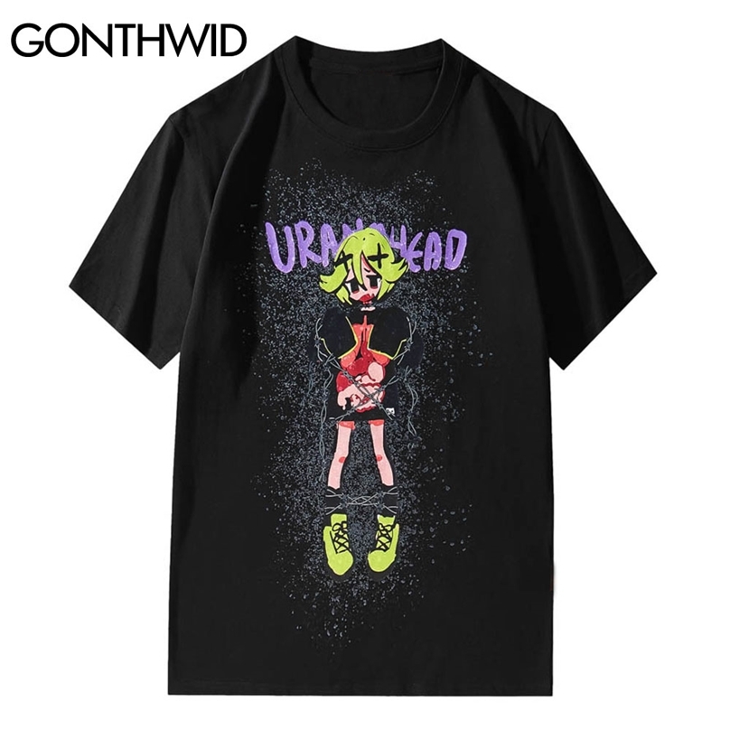 

Tees Shirts Streetwear Hip Hop Graffiti Ink Chain Cartoon Girl Punk Rock Gothic Tshirts Harajuku Fashion Casual Tops 210602, Black