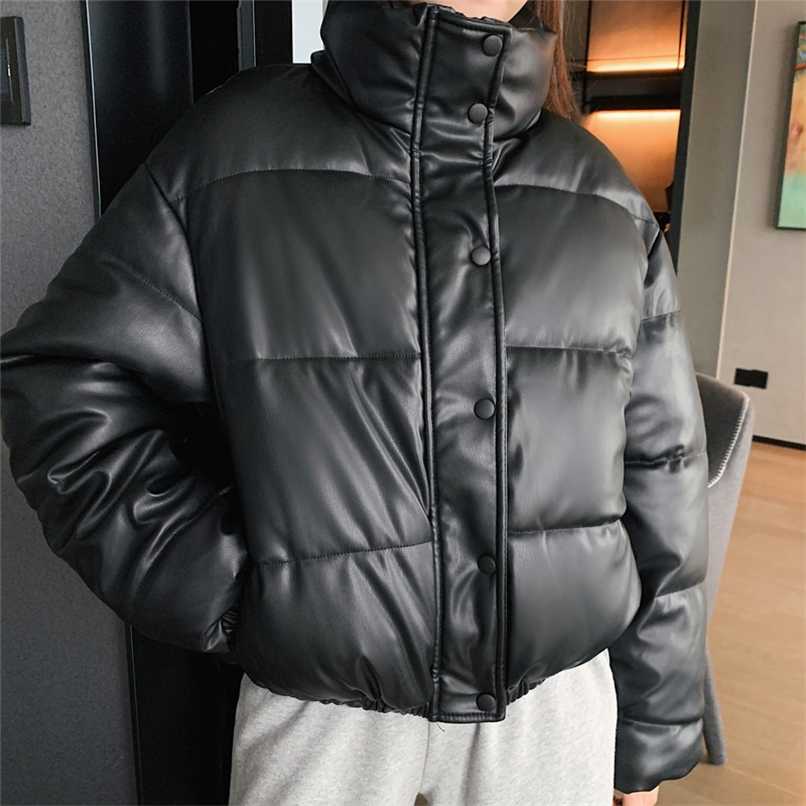 

Winter thick and warm short parka coat women fashion black PU leather coat women elegant zipper cotton jacket women ladies 211108