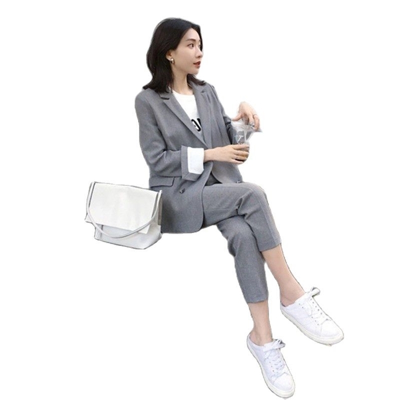 

Work Pant Suits OL 2 Piece Sets Double Breasted Solid Blazer Jacket Zipper Trousers Suit For Women Set Feminino Spring 210520, Black trouser suit