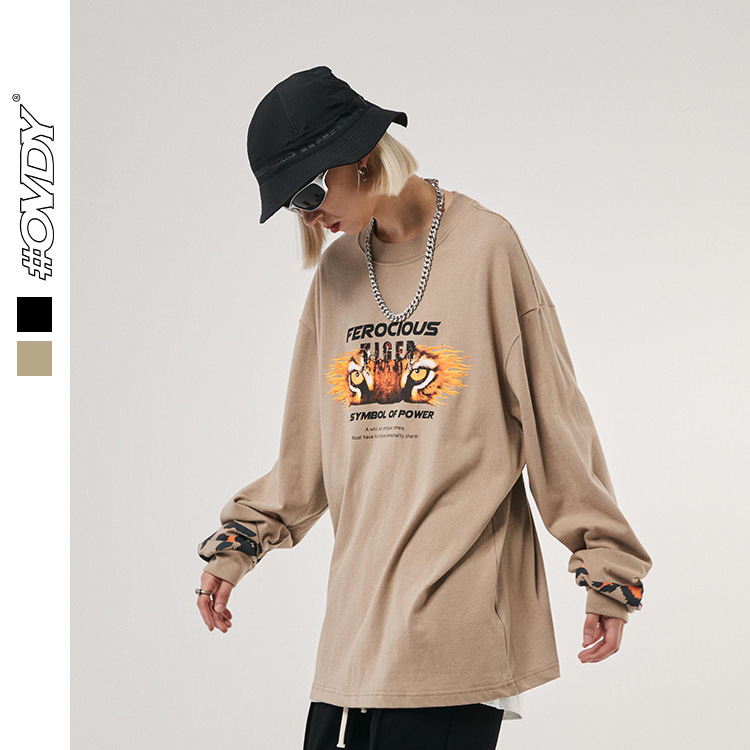 

wxwovdy 2021 autumn new guochao street personalized long sve tiger print simple off shoulder pullover men, Black