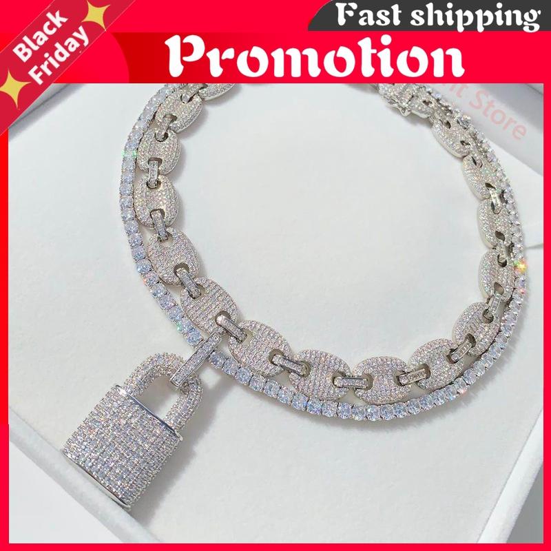 

Chains Silver Color Cz Lock Pendant Necklace 5mm Tennis Chain Iced Out Bling Cubic Zircon Charm Choker For Men Women Hop Jewelry