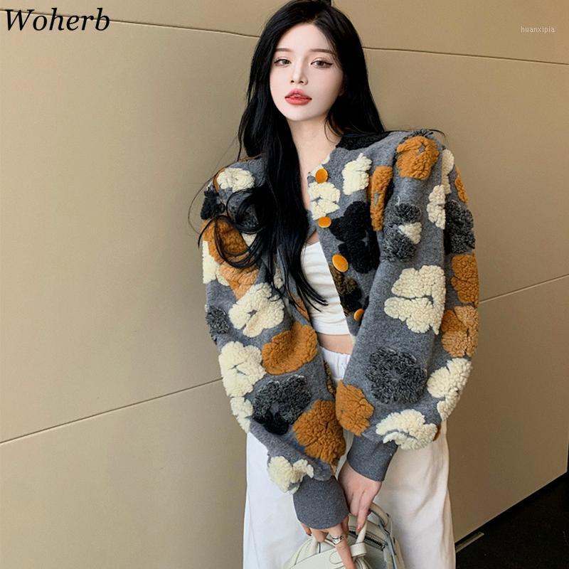

Women's Jackets Woherb 2021 Autumn Flower Jacquard Crop Coat Fashion All-match Round Neck Korean Chic Vintage Streetwear Womens Casual, Gray