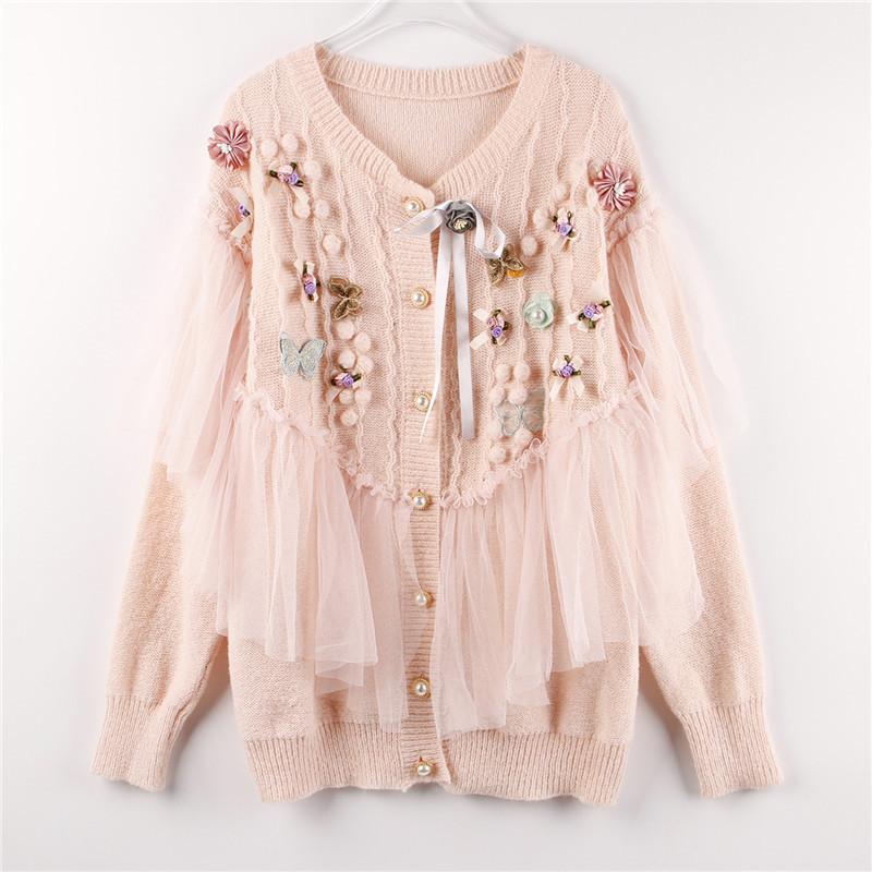 

Women's Knits & Tees Lace Stitching Embroidery Flower Sweater Cardigan Jacket 2021 Fall Winter Sweaters Cardigans Coat For Women Green Mujer, White