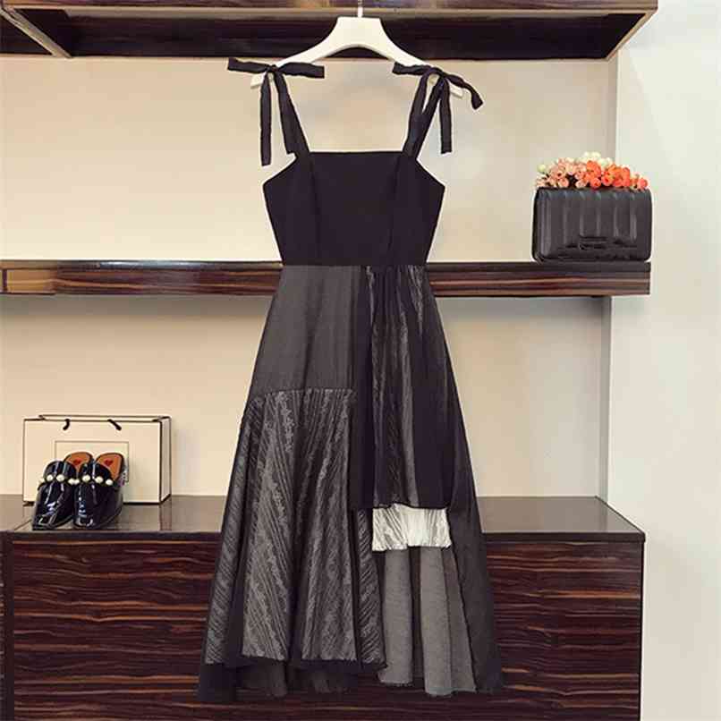 

Plus size Irregular Strapless Dresses for Women Summer Bow Tie Slim Lace Patchwork Black Mid-length Dress 210602