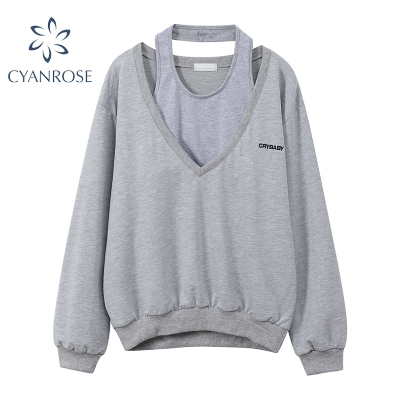 

2 Pieces Sets Sweatshirt Women Spring Halter Collar Camisole+V Neck Loose Oversized Sportswear Outer Streetwear Outfits Top 211109, Grey sets