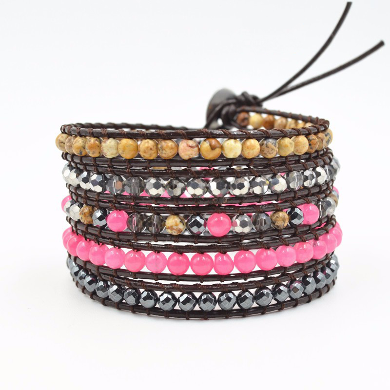 

Girls Trendy Leather Rope Wrap Strands Bracelets Multilayer Mixed Stone Beaded Jewelry