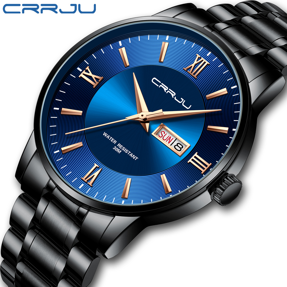 

relogio masculino CRRJU Mens Watches Fashion WristWatch for Men Stainless Steel Band waterproof Date Blue Gift Quartz watchesg, Silver white