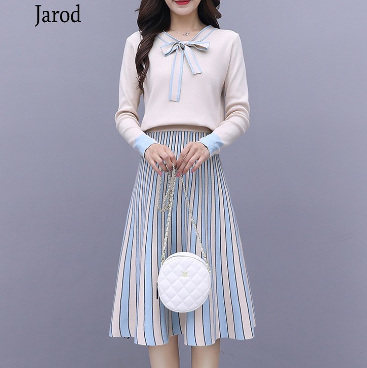 

Autumn Two Piece Set Women Elegant Bow tie Knit Pullover Sweater Top + Stripe pleated Midi Skirt Suit 210518, Photo color