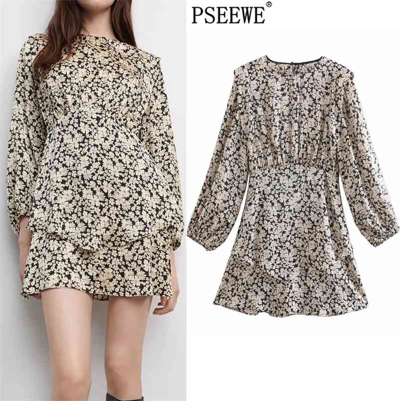 

Dress Floral Print Mini Women Vintage Ruffle Puff Long Sleeve Short Party es Ladies Elegant es 210519, Champagne