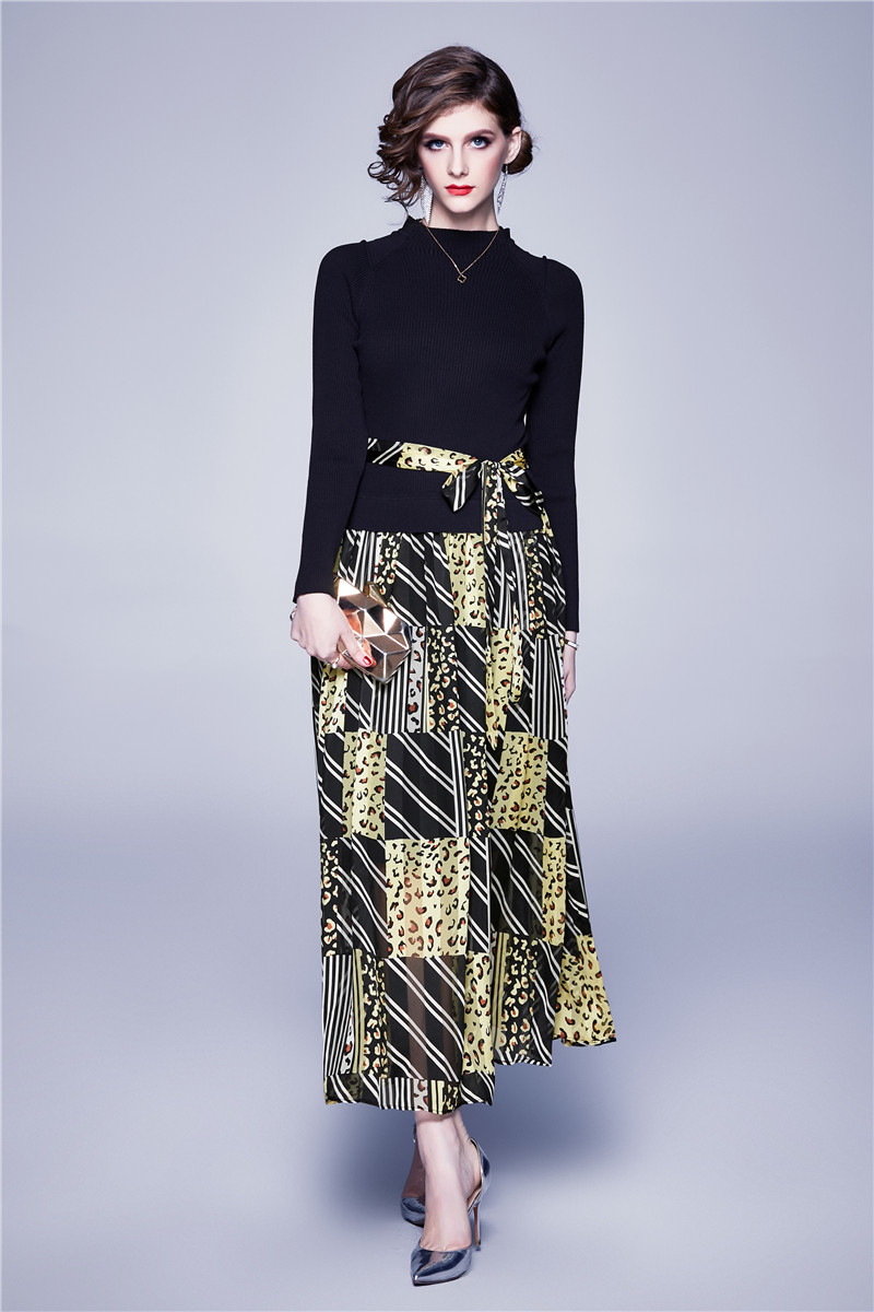 

Fashion Designer Women Winter Sweater Patchwork Maxi Dress Elegant Office Party Robe Female Vintage Leopard Dresses Vestidos 210525, Black