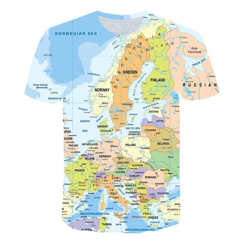 Mens World Map 3D Printed Designer Tshirts Crew Neck Pullover Tops Short Sleeved Mens Summer Contrast Color Clothing