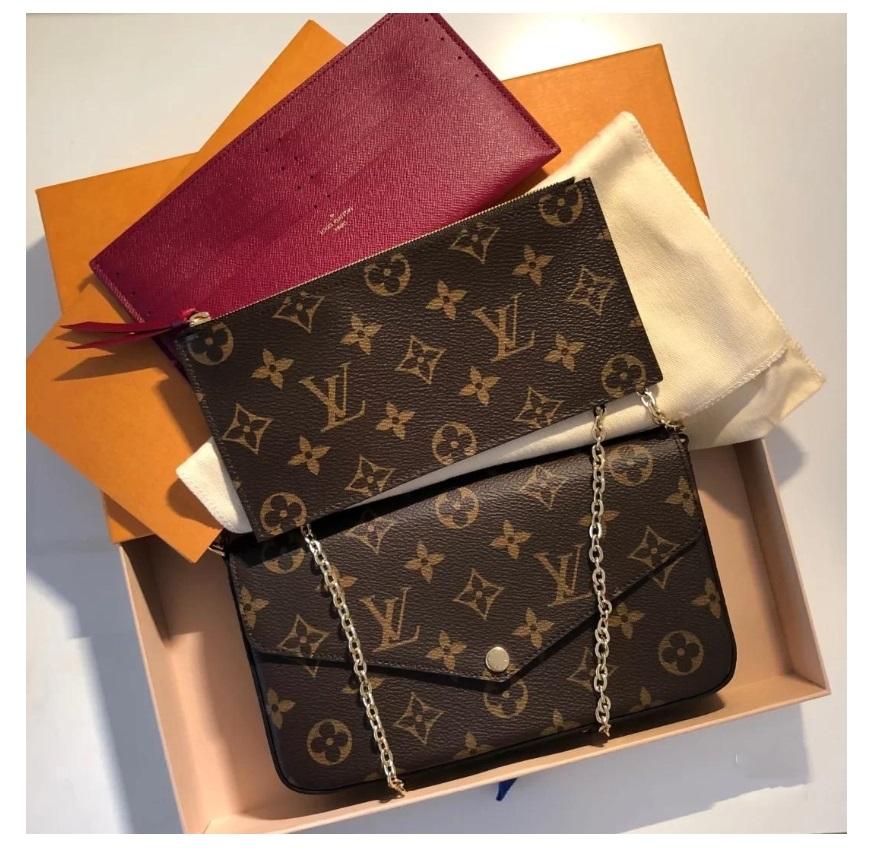 

lv LOUIS BAG VITTON Chain Shoulder Bags Women Handbag Mini Clutch Wallets Card Holder Purse 3pcs Leather Cross Body Bag, Red;black