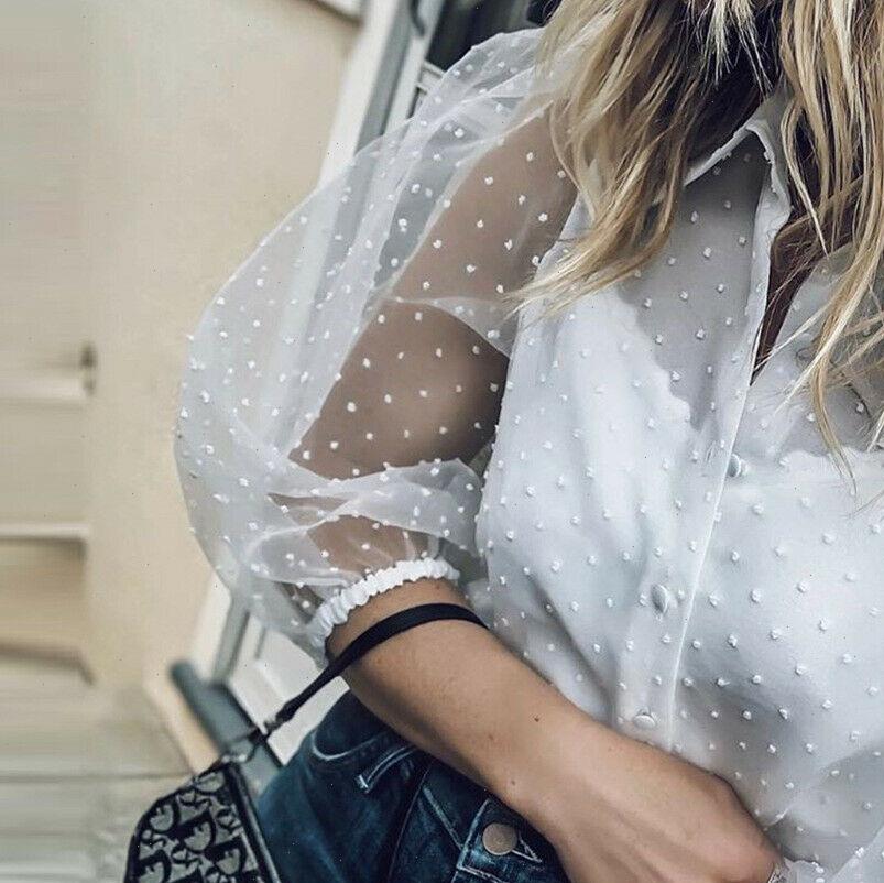 

see through mesh sheer womens blouses transparent lace puff sleeve woman summer casual female cover up, White
