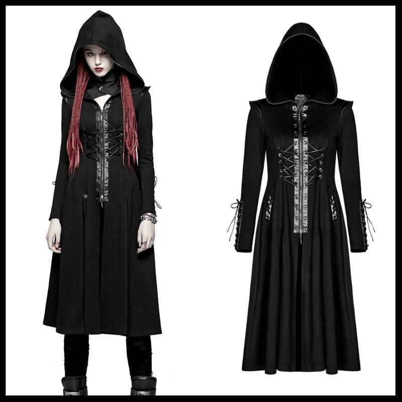 

Women's Trench Coats Steampunk Gothic Fashion Women Long Coat Punk Handsome Hooded Stage Perform Windbreaker Overcoats, Black2