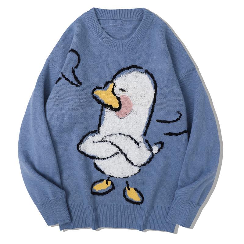 

Men's Sweaters Fall Winter Cartoon Duck Sweater Harajuku Mesh Oversize Woman's Pullover Street Cotton Knitting Faculty Unisex, White;black