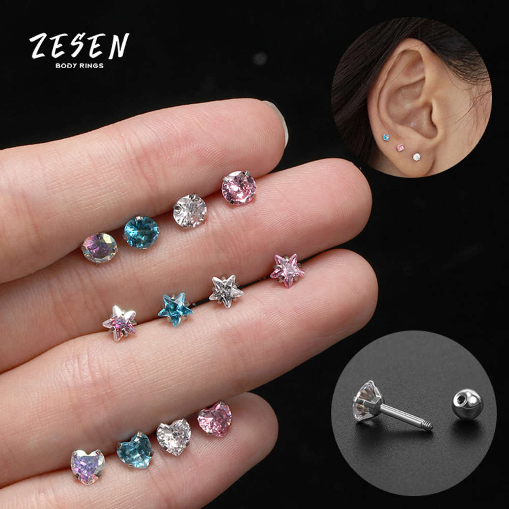

Five pointed star zircon ear screw, bone female stainless steel square auricle, color otodin Earring Set, Silver