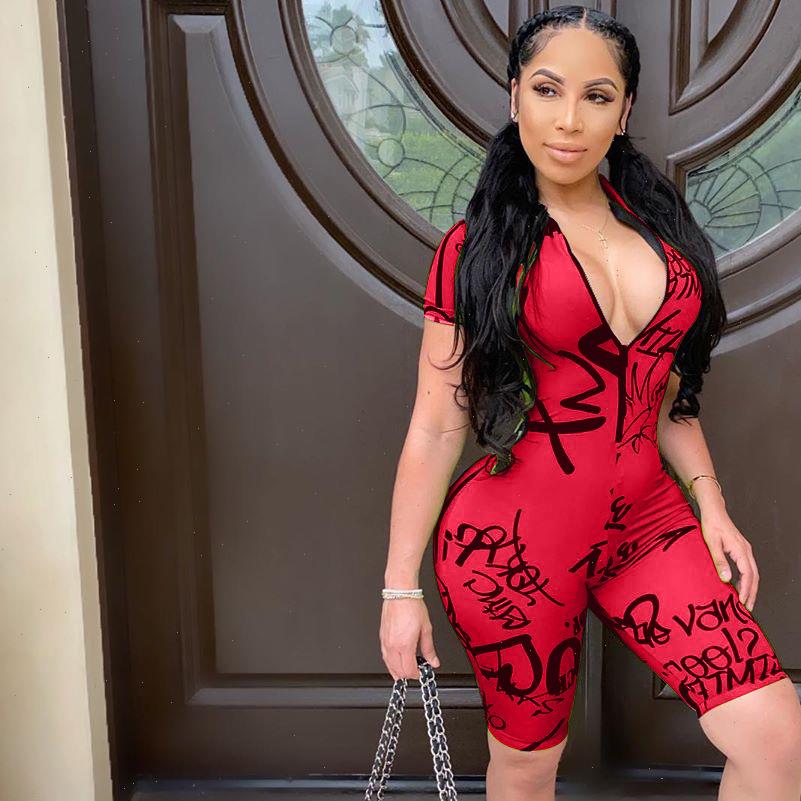 

letter women jumpsuits print sports jumpsuit romper summer bodysuit short sleeve zipper biker shorts playsuits mono mujer, Black;white