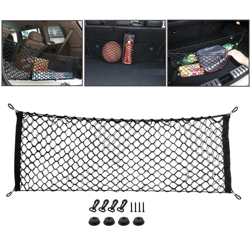 

Car Organizer 110x60CM Trunk Rear Storage Cargo Luggage Nylon Elastic Net For Van Pickup SUV MPV Holder With 4 Plastic Hooks Pockets