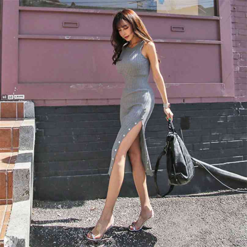 

Knitted Dress For women Summer Sleeveless o neck cotton Ladies Black Gray Korea sexy single breasted split tight vest dresses 210602