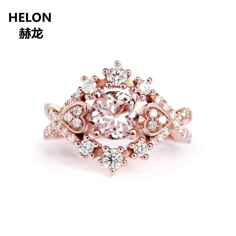 

Cluster Rings 6mm Round Cut Natural Morganite Engagement Wedding Ring Solid 14k Rose Gold 0.38CT SI Diamonds Anniversary, Golden;silver