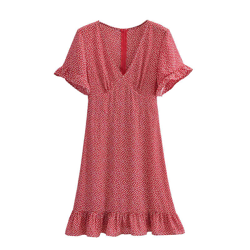 

Casual Dresses 2021 fashion Women Watermark print dress V neck Lotus leaf Short sleeve Waist Chic Midi skirt spring YPD9, Red