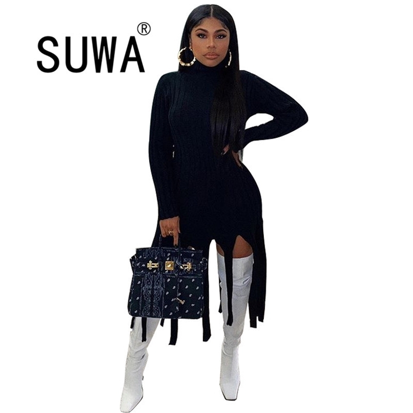 

Women Dress Evening Party Midi Black Irregular Tassels Patchwork Free Long Sleeve Bodycon Sexy Lady Dresses Plus Size 210525