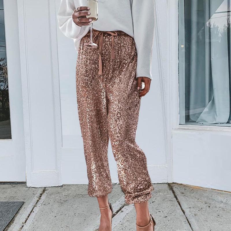 

Women' Pants & Capris Foridol Sash Lace Up Gold Sequined Trousers Women Winter Party Club Glitter Ladies Christmas Clothing, Black