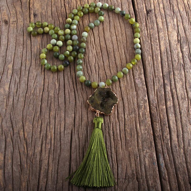 

Fashion Bohemian Jewelry Semi Precious Stones Knotted Druzy Stone Links Tassel Necklaces For Women Boho Necklace Pendant