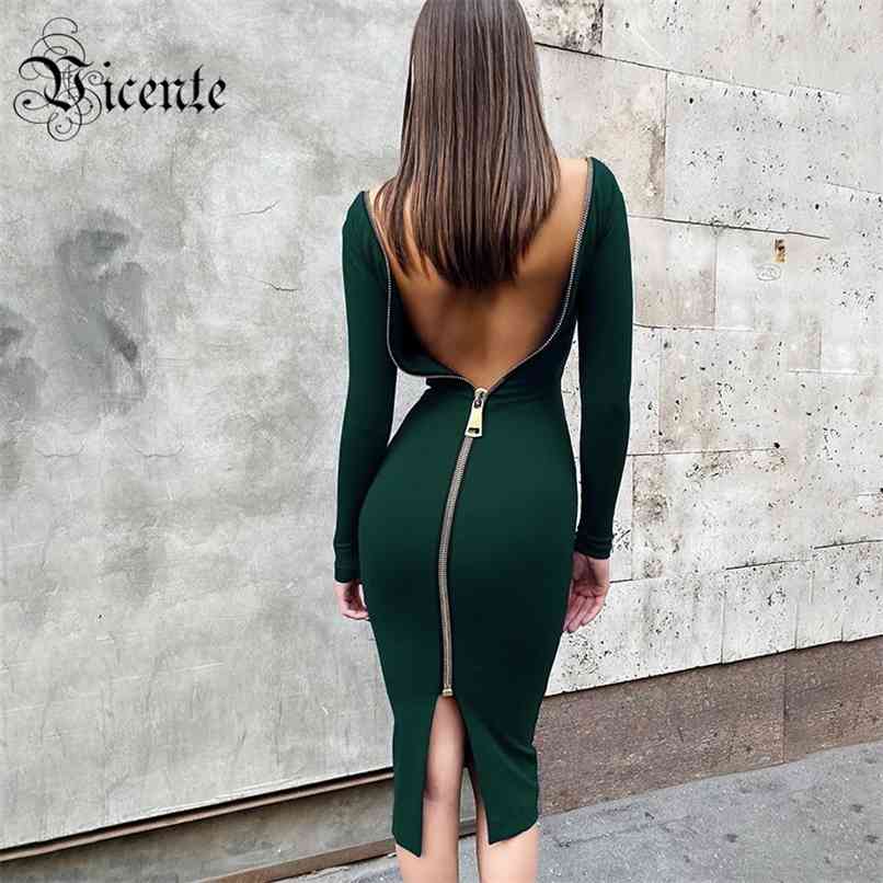 

Chic Zipper Design Sexy Backless Long Sleeves Celebrity Party Club Bandage Knee Length Dress 210520, Green