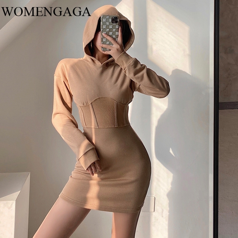 

WOMENGAGA Winter High Waist Sexy Hooded Waist-tight Long-sleeved Slim-fit Hip-covered Mini Dress Dresses XVN3 210603, Khaki
