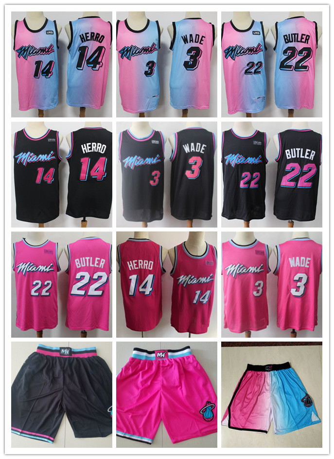 

2021 Mens Throwback Dwyane 3 Wade Tyler 14 Herro Jimmy 22 Butler Basketball Shorts Jerseys pink Black white, Black;red