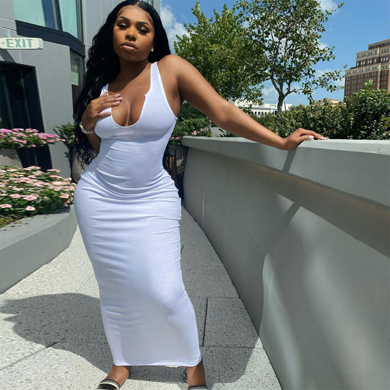 

solid rib knitted maxi dress women 2021 spring see through dresses femme white bodycon basic stretched long dresshigh quality, Black;gray