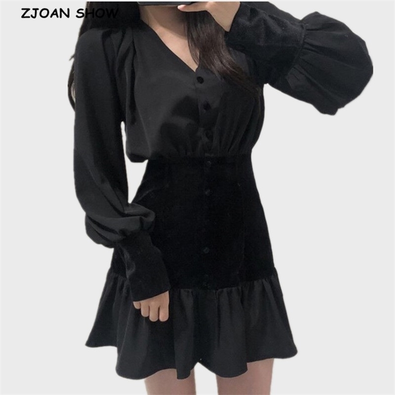 

Sexy V neck Spliced Velvet Women Mini Dress Ladies Center Buttons Package Hips Hem Patchwork Ruffles Party Dresses 210429, Black