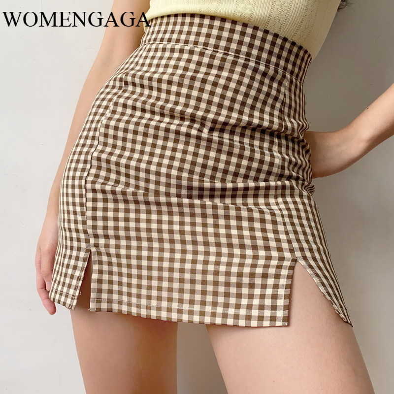 

Summer Fashion Sexy Womens Mini Plaid Slim Korea Girl Female Bifurcation Safety Skirt Double Layer E135 210603, Green1
