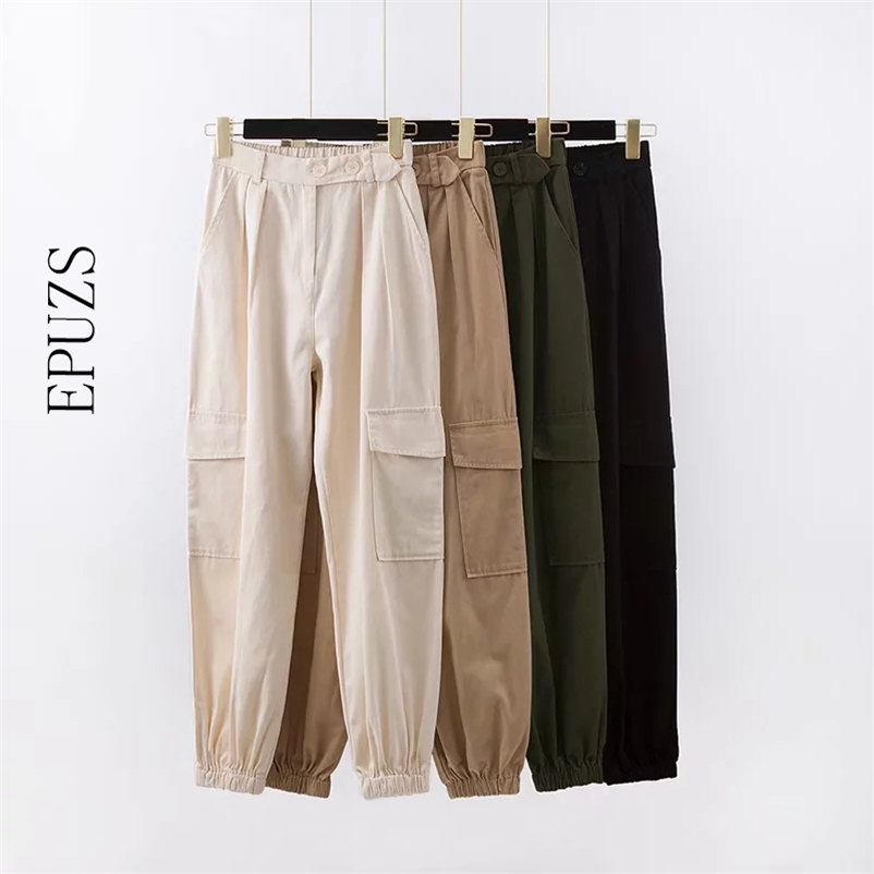 

Vintage black khaki cargo pants women pockets loose baggy harem elastic high waist pencil trousers ladies Fall 210521, White