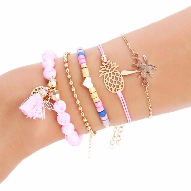 

Link, Chain Factory Direct Cross-border Models Europe And The United States Wind Braided Bracelet Pineapple Love Beads Five-piece S