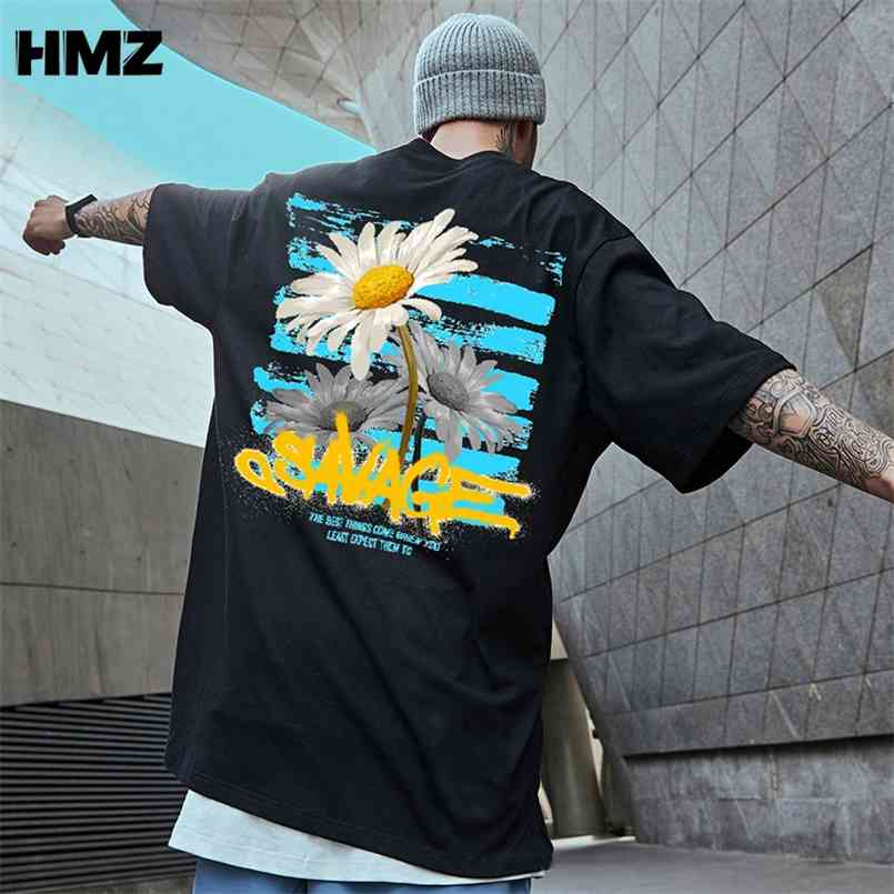 

HMZ Men Streetwear Tees Flowers Cotton T Shirts Summer Mens Hip Hop Harajuku T-shirts Male Korean Vintage Oversized Tops 210721, White