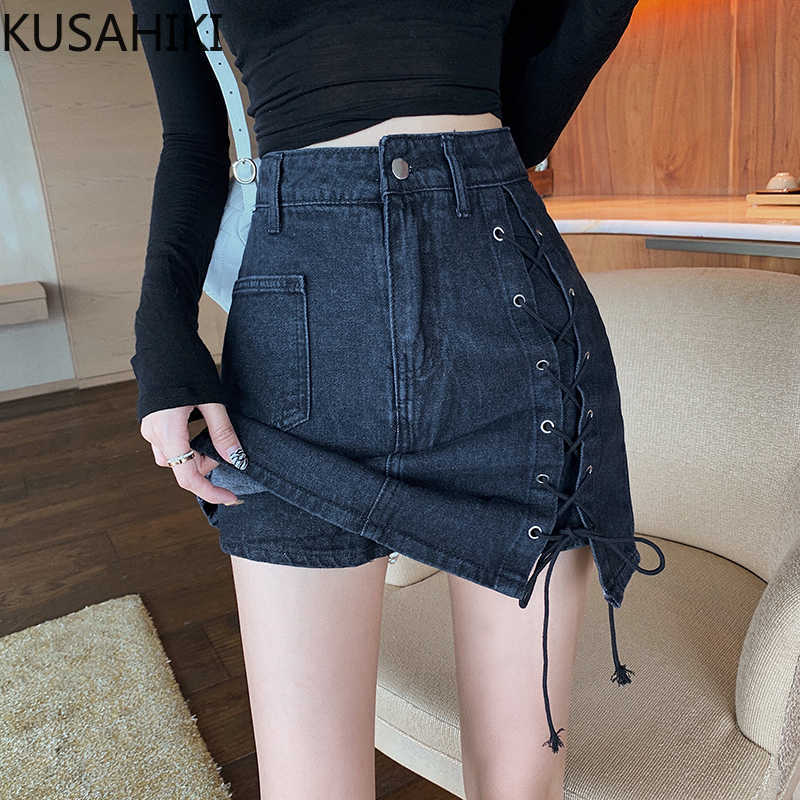

KUSAHIKI High Waist Demin Skirts Women Spring Summer Cross Bandage Jean Skirt Causal Mini Slim Sexy Faldas Mujer 6F466 210602, Black