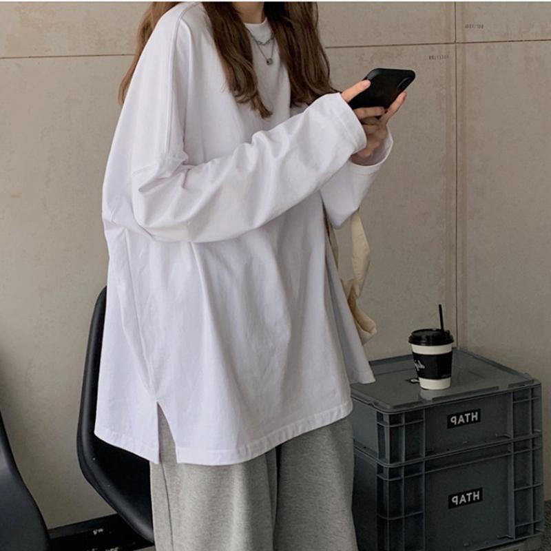 

Women's T-Shirt Autumn Chic Loose Long Sleeve Basic O-Neck Tee Shirt Ladies Solid Casual Oversize Tshirt White Black Top