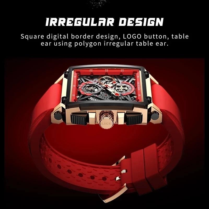 

Wristwatches LIGE 2021 Men Watch Top Waterproof Quartz Square Wrist Watches For Date Sports Silicone Clock Male Montre Homme, All black