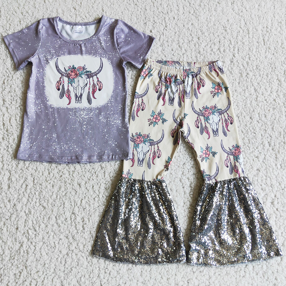 

Children Kids Designer Clothes Girl Sets Boutique Girls Clothing Short Sleeve Bell Bottom Pants Sequins Fashion Cow Design Fall Outfit Milk Silk Wholesale Kid Set, Multi