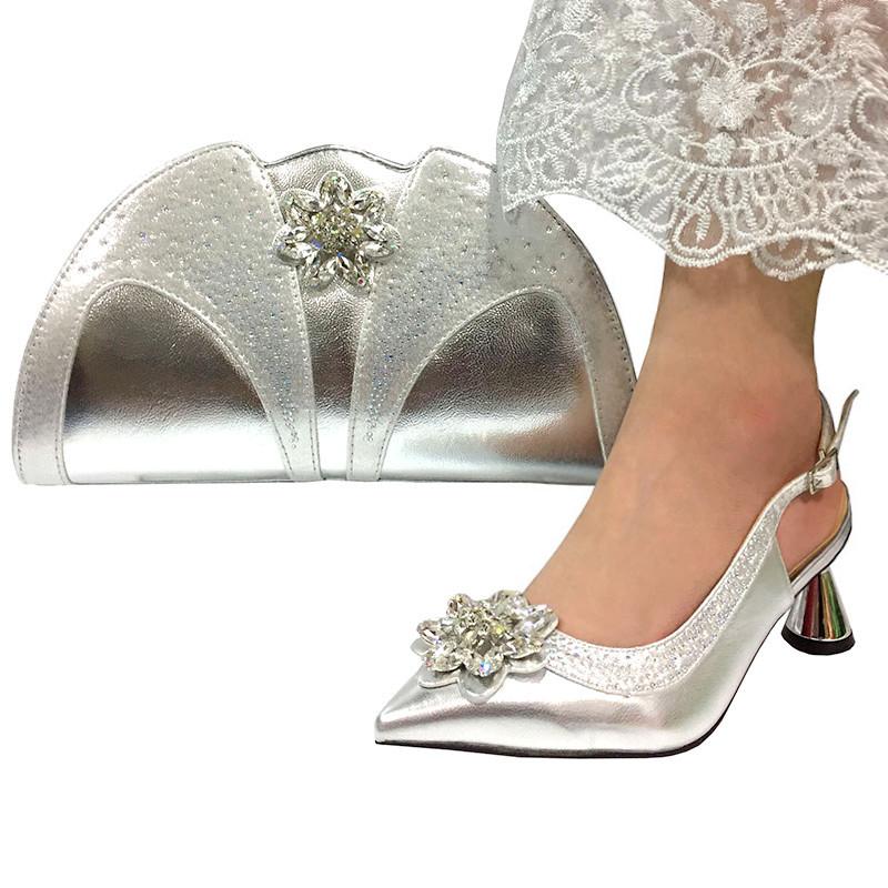 

Dress Shoes Silver Color Italian Ladies Wedding And Bag Set Decorated With Rhinestone African Matching Bags In Women, Gold