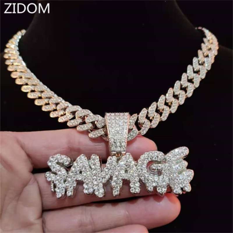 

Men Hip Hop SAVAGE Letters Pendant Necklace with 13mm Miami Cuban Chain Iced Out Bling HipHop Necklaces Male Fashion Jewelry 210929