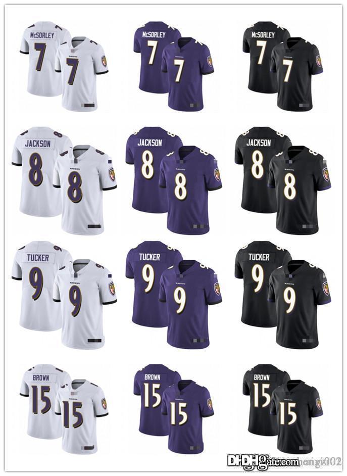 

Men Women Youth Baltimore Ravens 8 Lamar Jackson 9 Justin Tucker 15 Marquise Brown 7 Trace McSorley Black Purple Football Jersey, Black;red